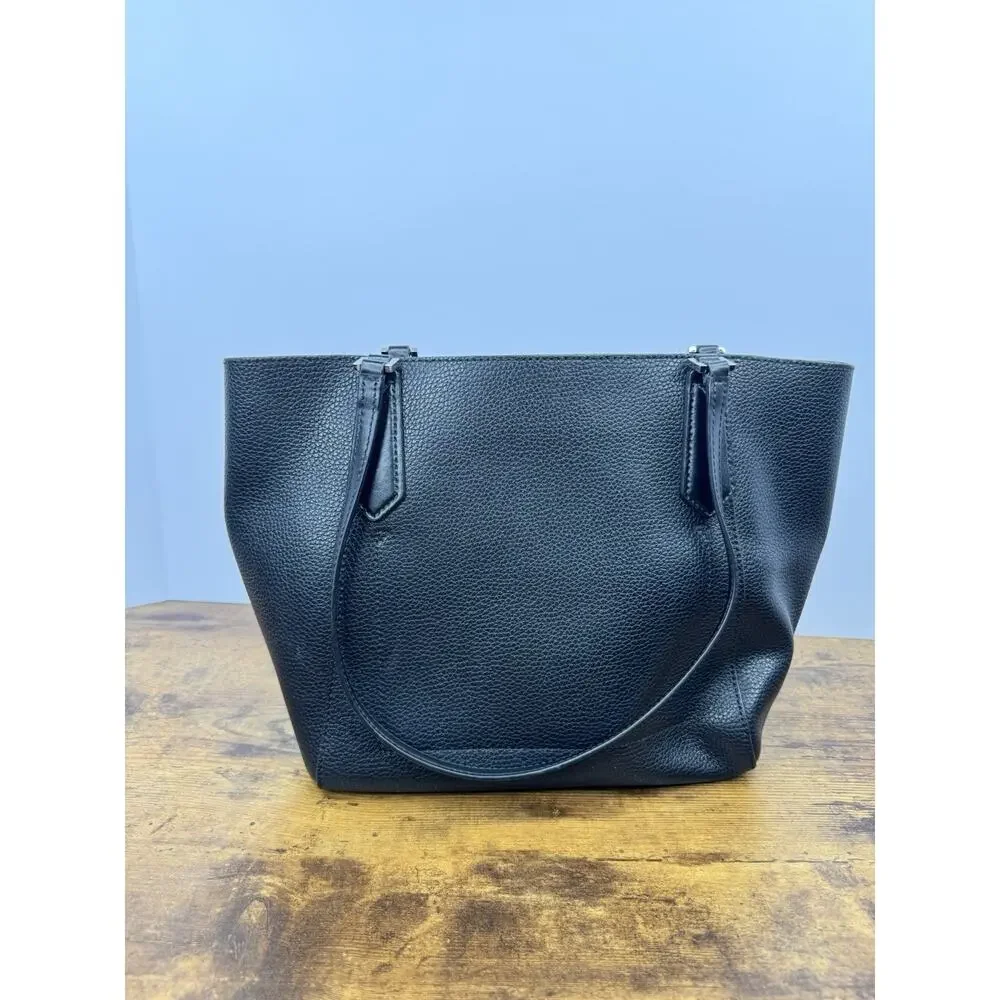 Michael Kors Kimberly Large Leather Top Zip Bonded Tote Solid Black Silver Charm
